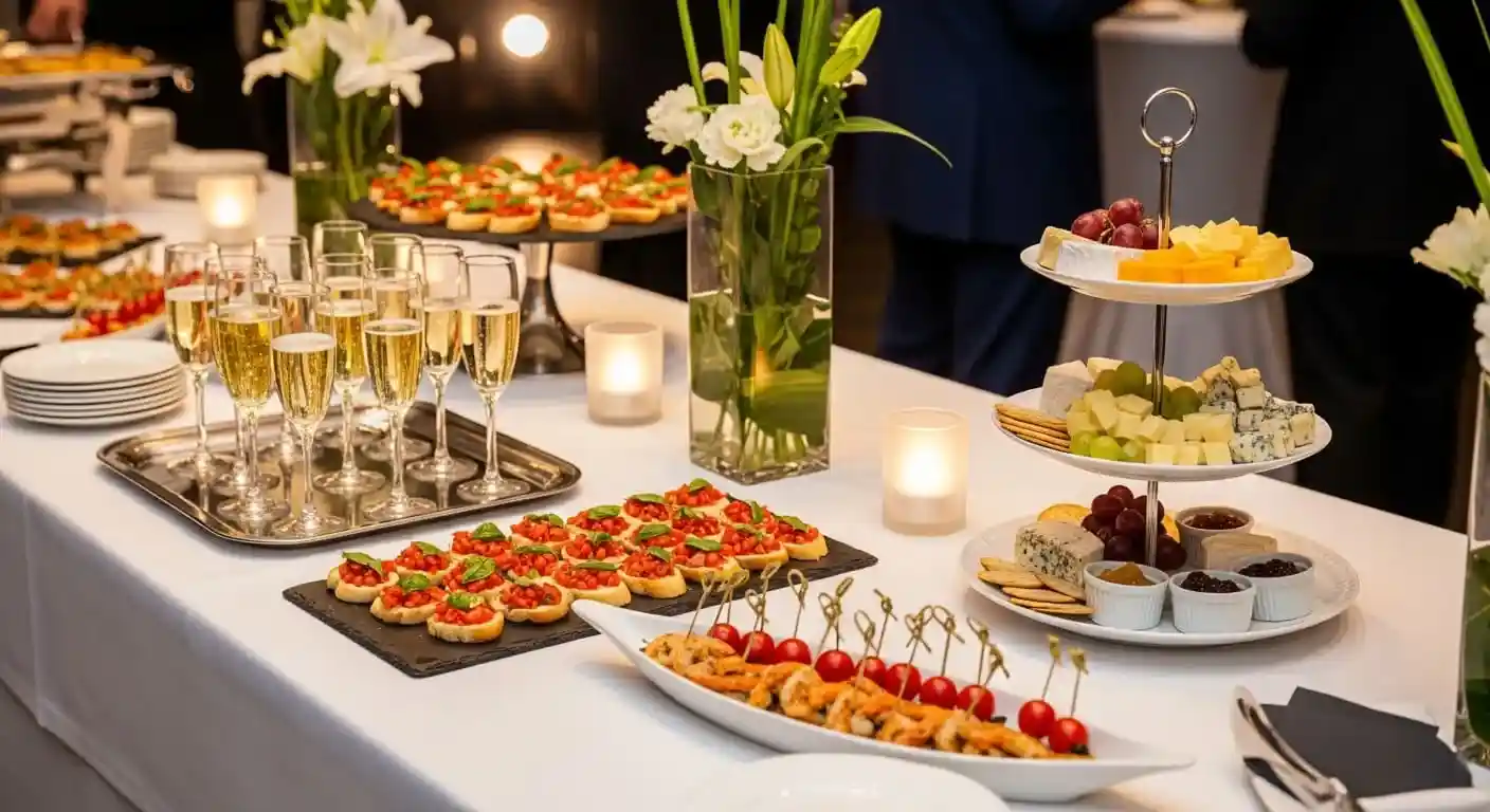 Фуршетный стол с закусками на новогоднем празднике