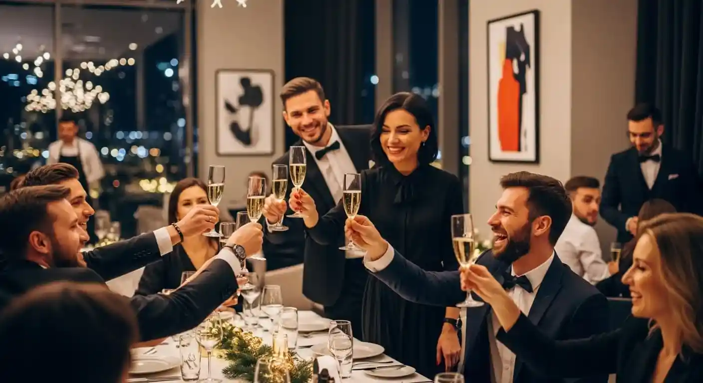 Коллеги отмечают новогодний корпоратив в ресторане