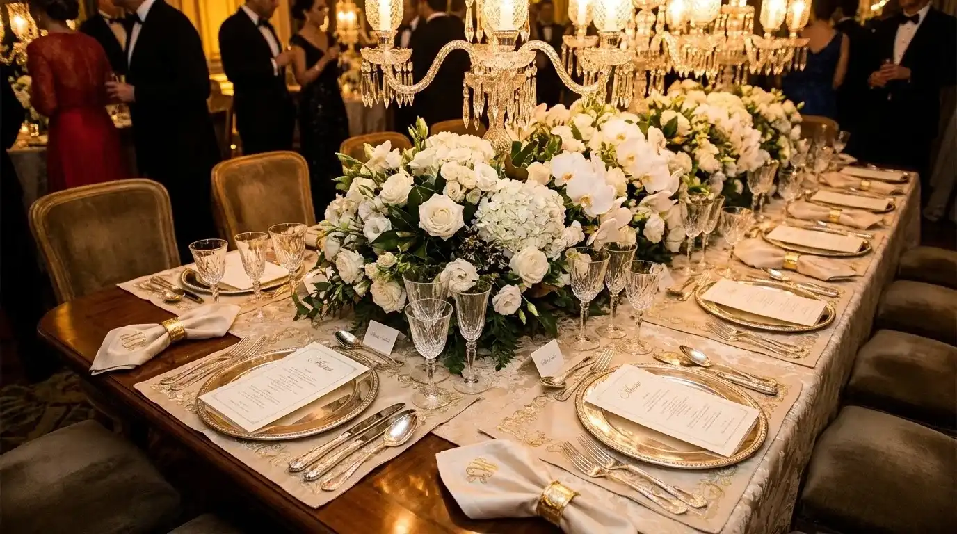 Роскошная и дорогая сервировка свадебного стола.