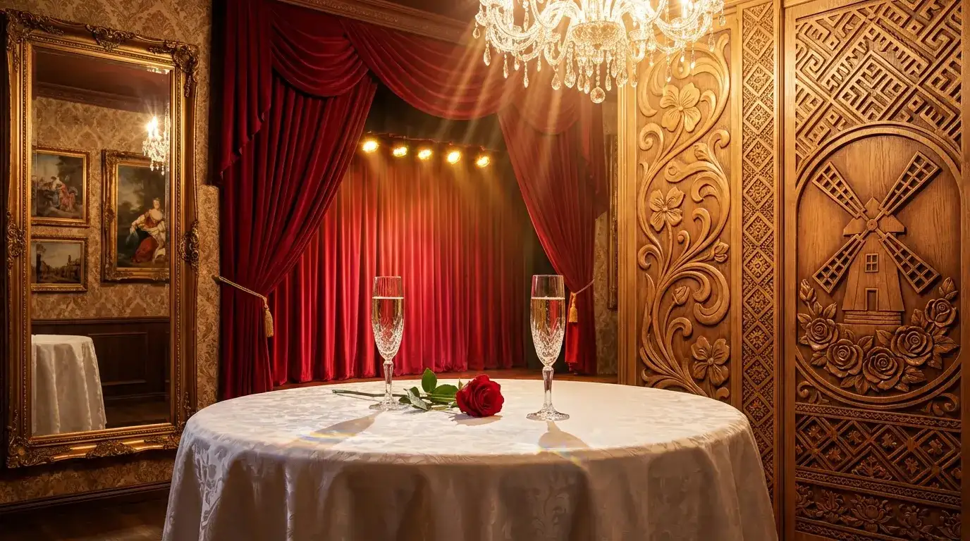 Интерьер кабаре Млын Руж в Минске &mdash; французский шарм и белорусская резная мельница с розами