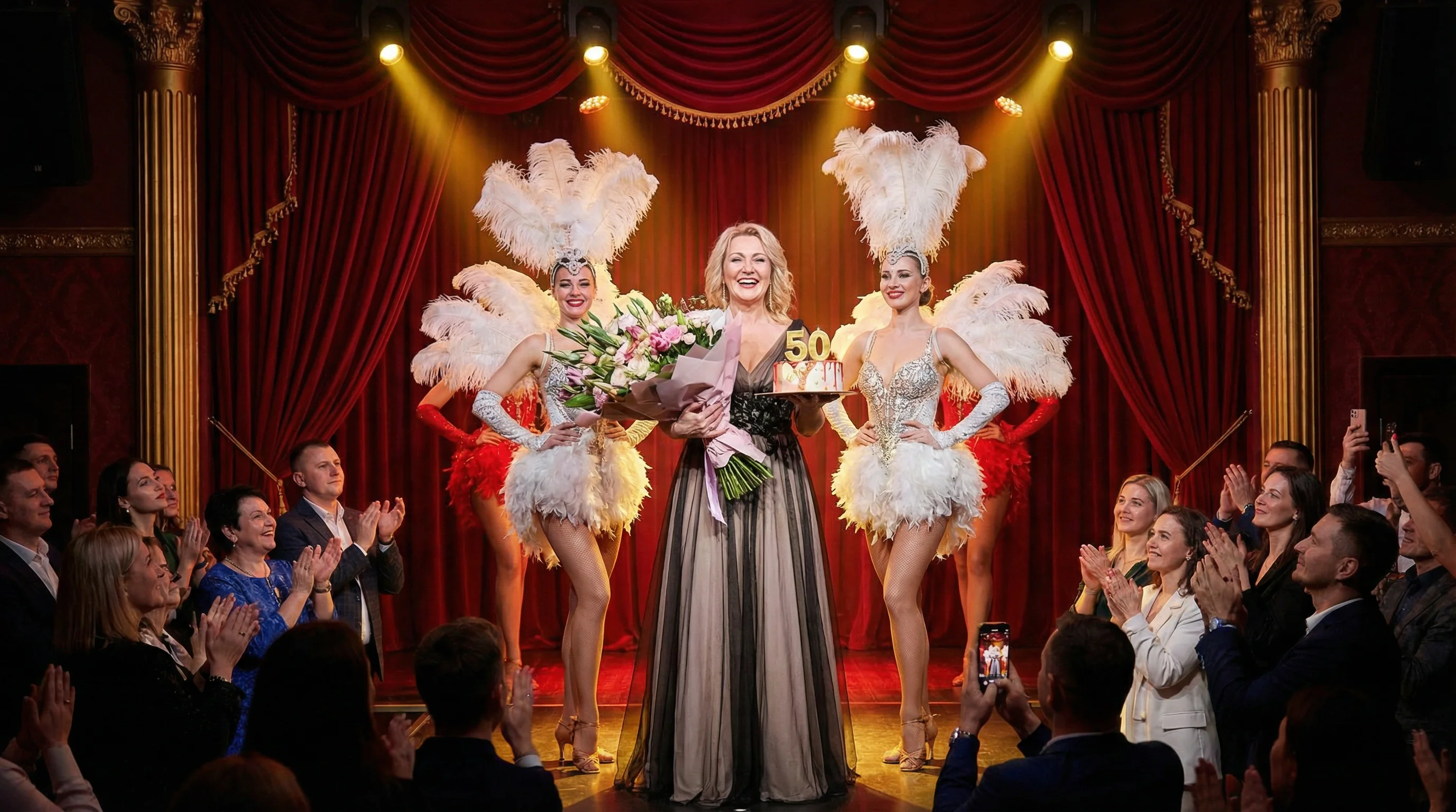 Stage of a "Млын Руж" style cabaret restaurant in Minsk, decorated with red velvet curtains and golden spotlights. Center stage an elegant 50-year-old man or woman