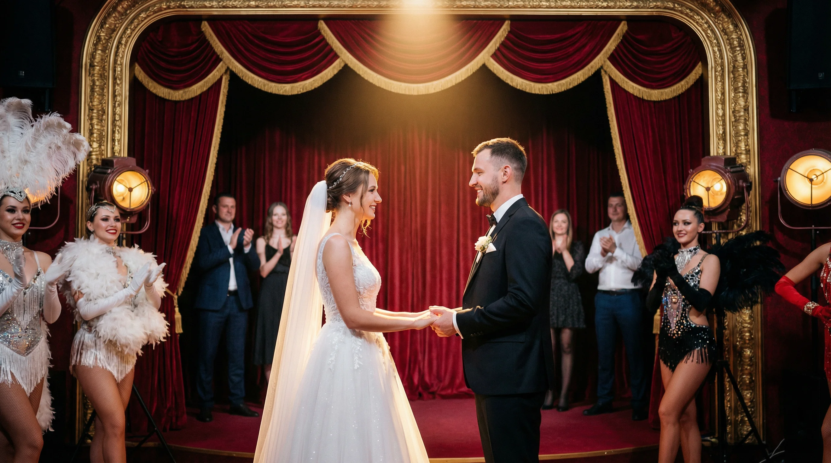 Stage of a "Млын Руж" style cabaret restaurant "Mlyn Rouge" in Minsk, decorated with red velvet curtains and golden spotlights