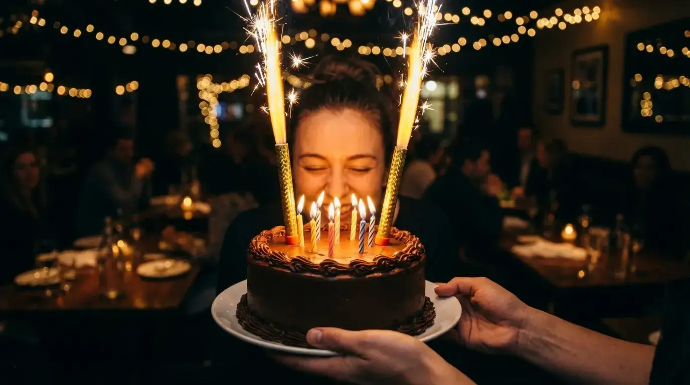 Праздничный торт со свечами в ресторане как кульминация дня рождения