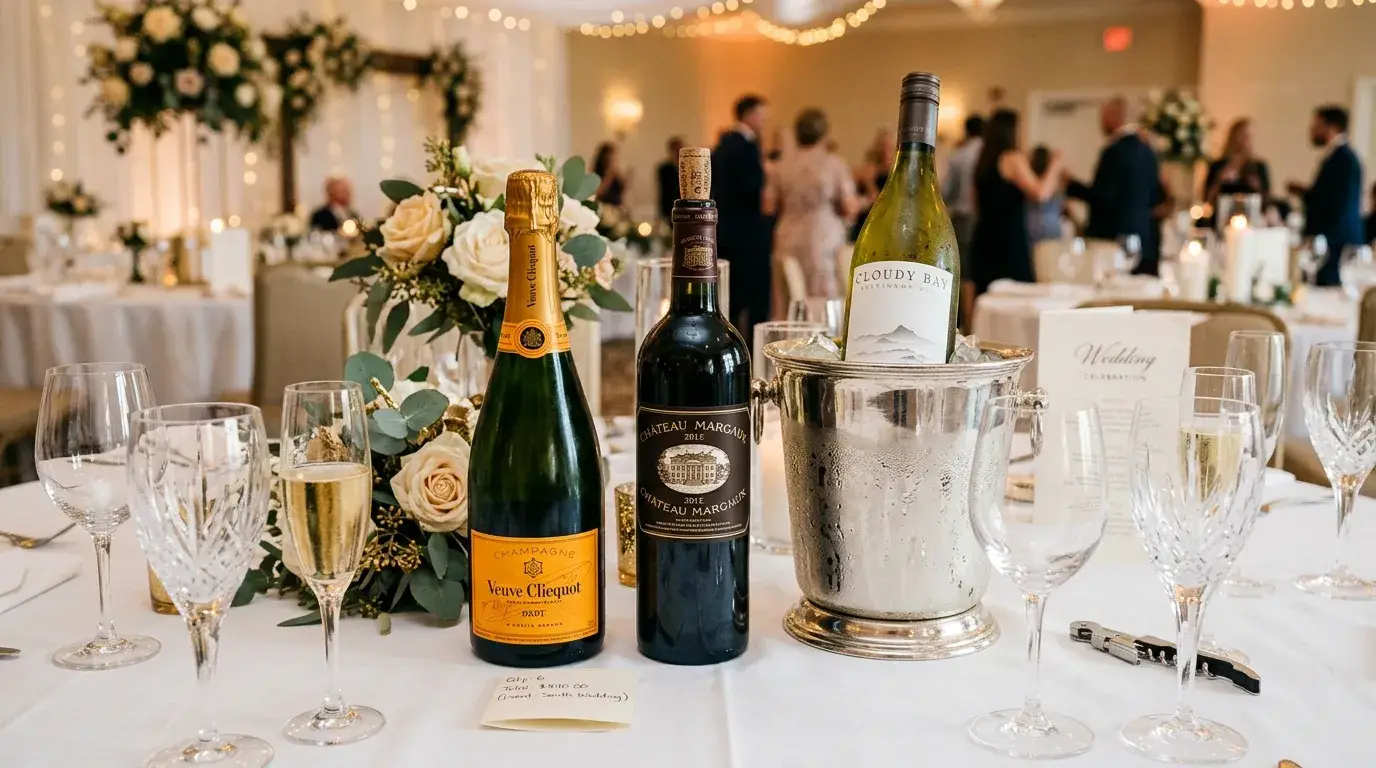 Бутылки шампанского и вина для свадебного банкета &mdash; алкоголь на свадьбу