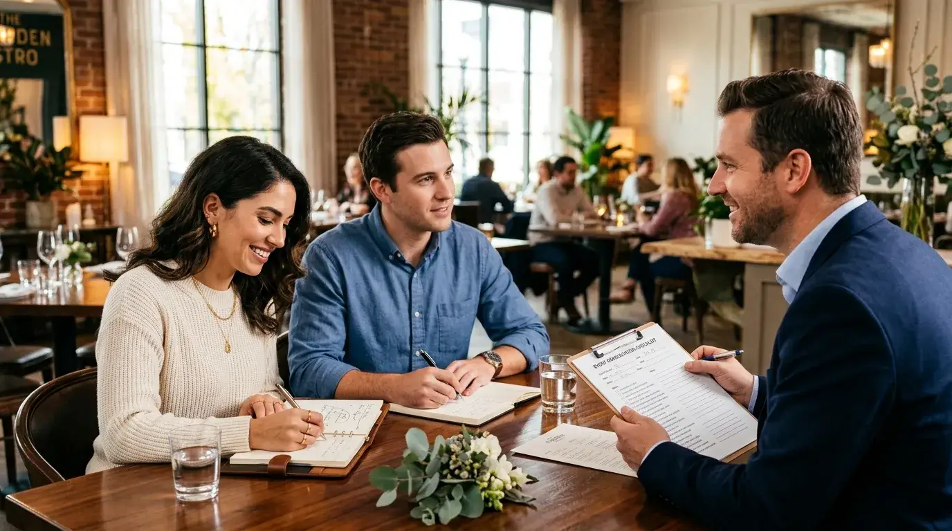 Пара обсуждает бронирование свадебного зала с администратором ресторана