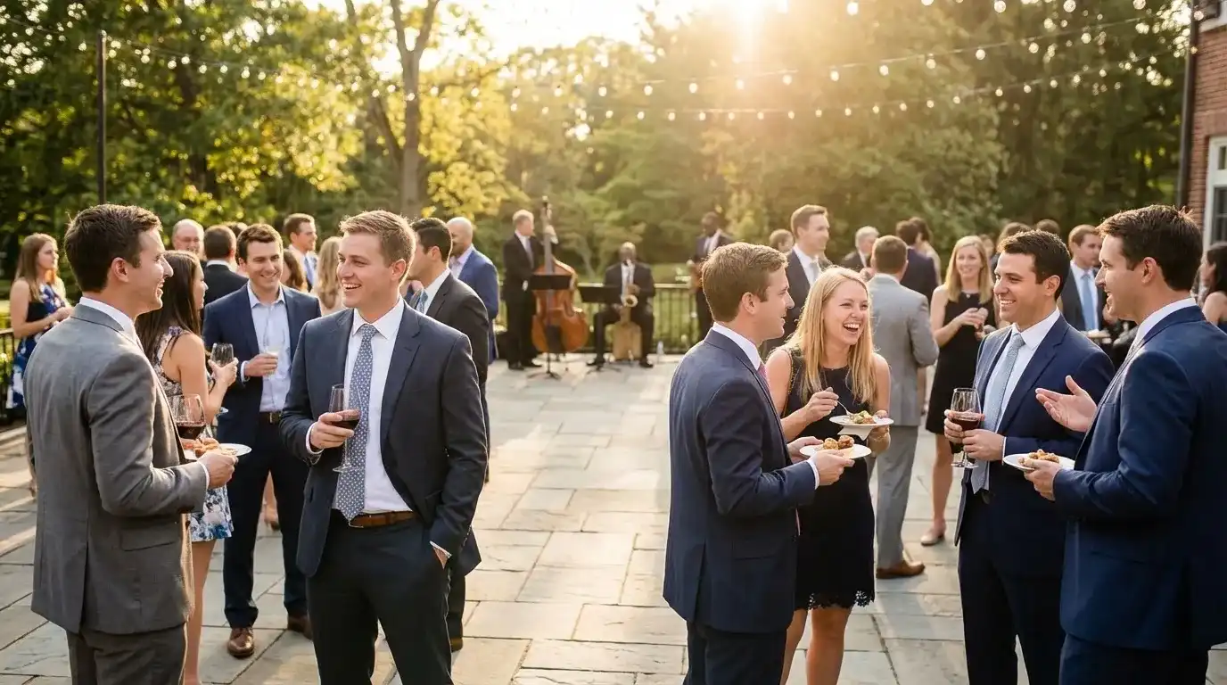 Гости общаются стоя на свадебном фуршете.