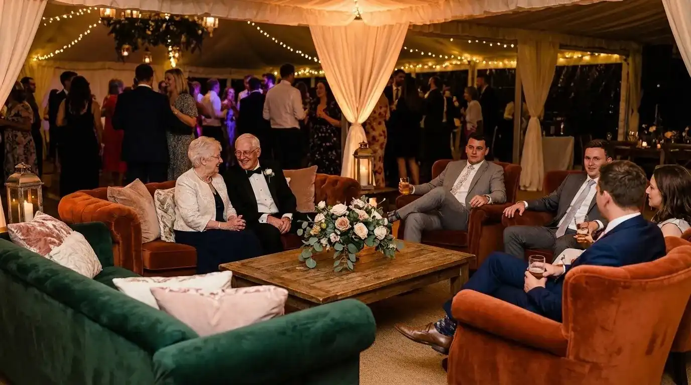 Зона отдыха с диванами на свадебном фуршете.