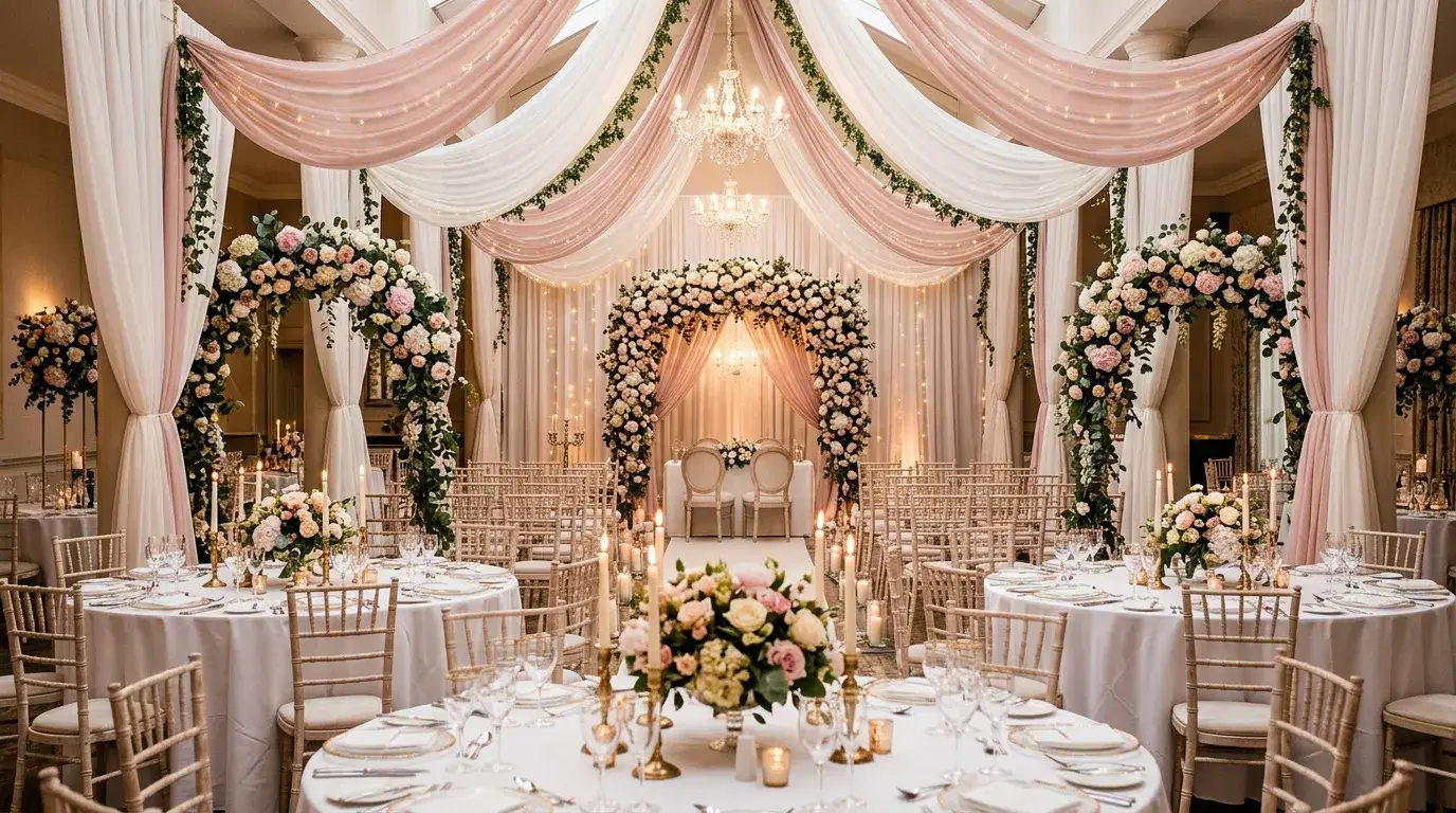 Роскошный интерьер свадебного зала с декором и цветочными композициями