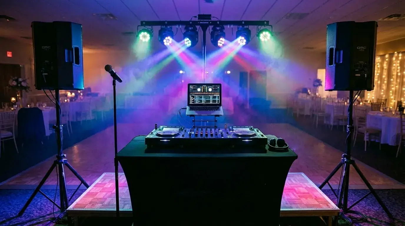 Звуковое и световое оборудование на сцене свадебного зала