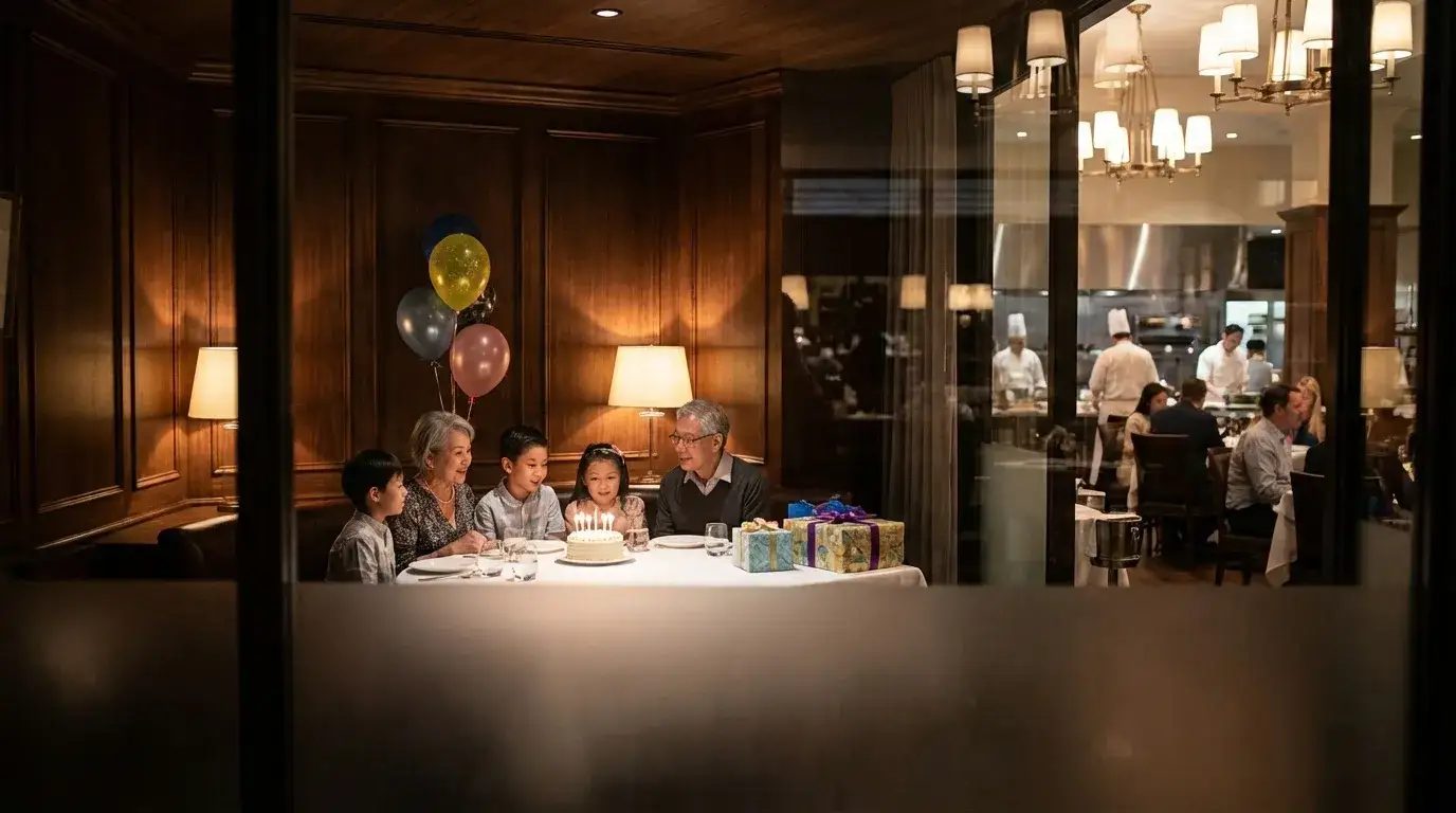 Приватный закрытый зал в ресторане для уединенного празднования дня рождения